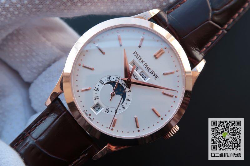 KM厂【百达翡丽5396R-011】一比一高仿百达翡丽PATEK PHILIPPE 复杂功能时计系列5396R-011 玫瑰金白面年历自动上链机械男表价格_多少钱_报价-实名表业高仿手表商城